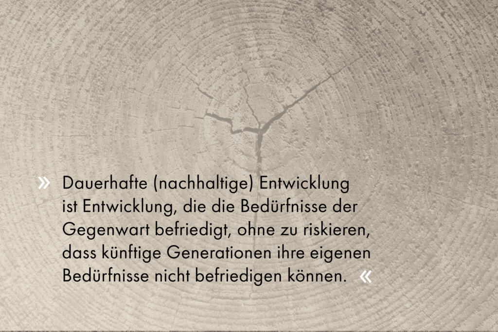 „Dauerhafte (nachhaltige) Entwicklung ist Entwicklung, die die Bedürfnisse der Gegenwart befriedigt, ohne zu riskieren, dass künftige Generationen ihre eigenen Bedürfnisse nicht befriedigen können.“ 